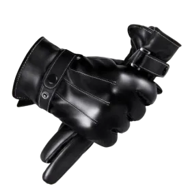 1 Pair High Quality Full Finger Black Riding Gloves  Men PU Leather Glove Winter Warm Touch Screen Gloves