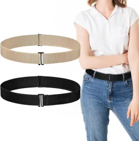 2PCS Women Elastic Stretch Belt, No Show Adjustable Belts Non Slip Invisible Strap Belt with Flat Buckle for Women and Men Jeans Pants Dresses(Black khaki)