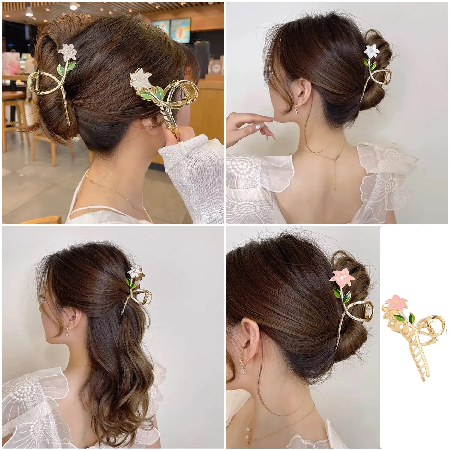 AIUPUOC Hair Clip, Flower Hair Clips for Women, Large French White Pink Hair Clip, Metal Floral Hair Accessories for Thick Hair, 2Pcs