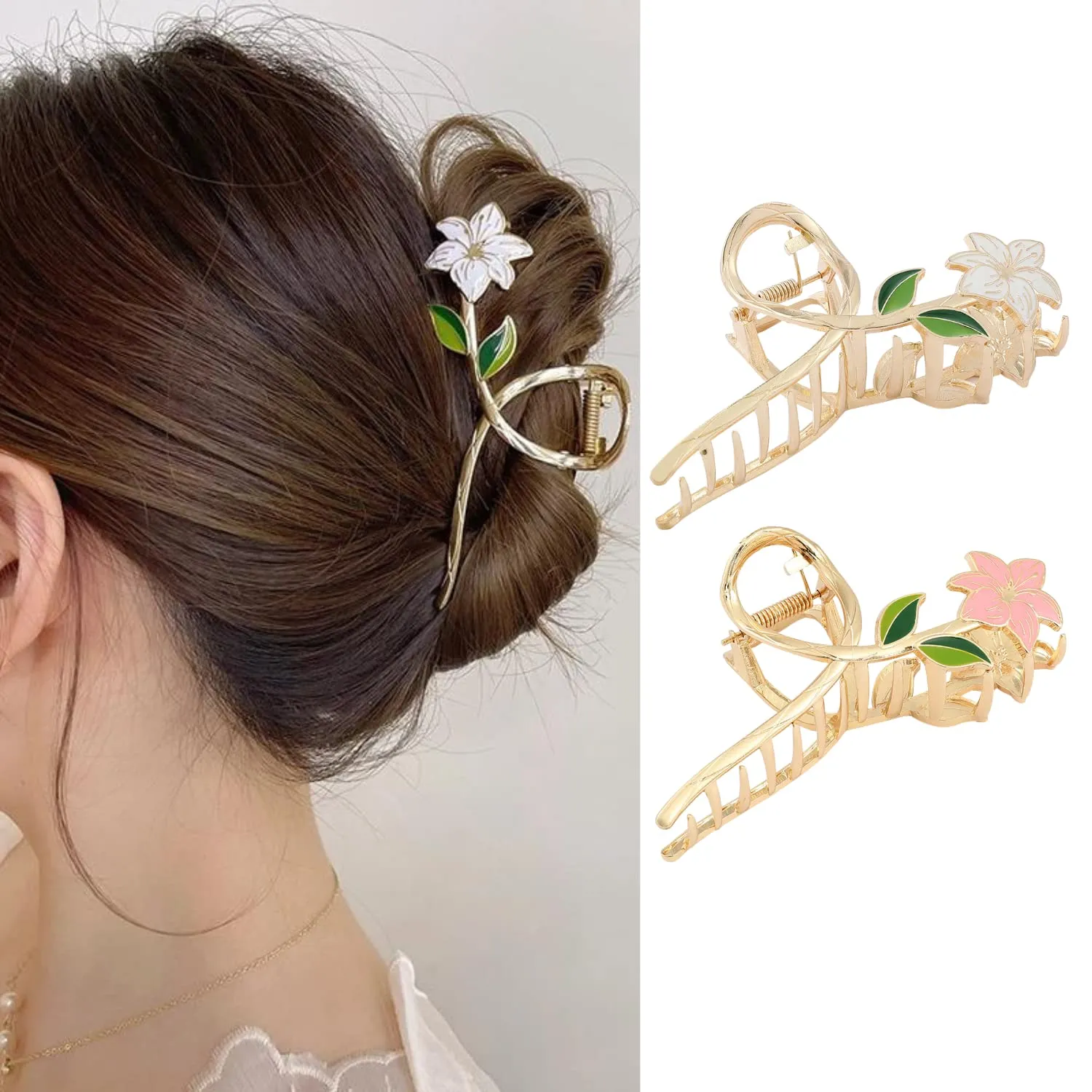 AIUPUOC Hair Clip, Flower Hair Clips for Women, Large French White Pink Hair Clip, Metal Floral Hair Accessories for Thick Hair, 2Pcs