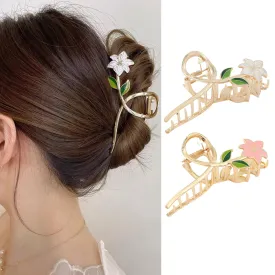 AIUPUOC Hair Clip, Flower Hair Clips for Women, Large French White Pink Hair Clip, Metal Floral Hair Accessories for Thick Hair, 2Pcs