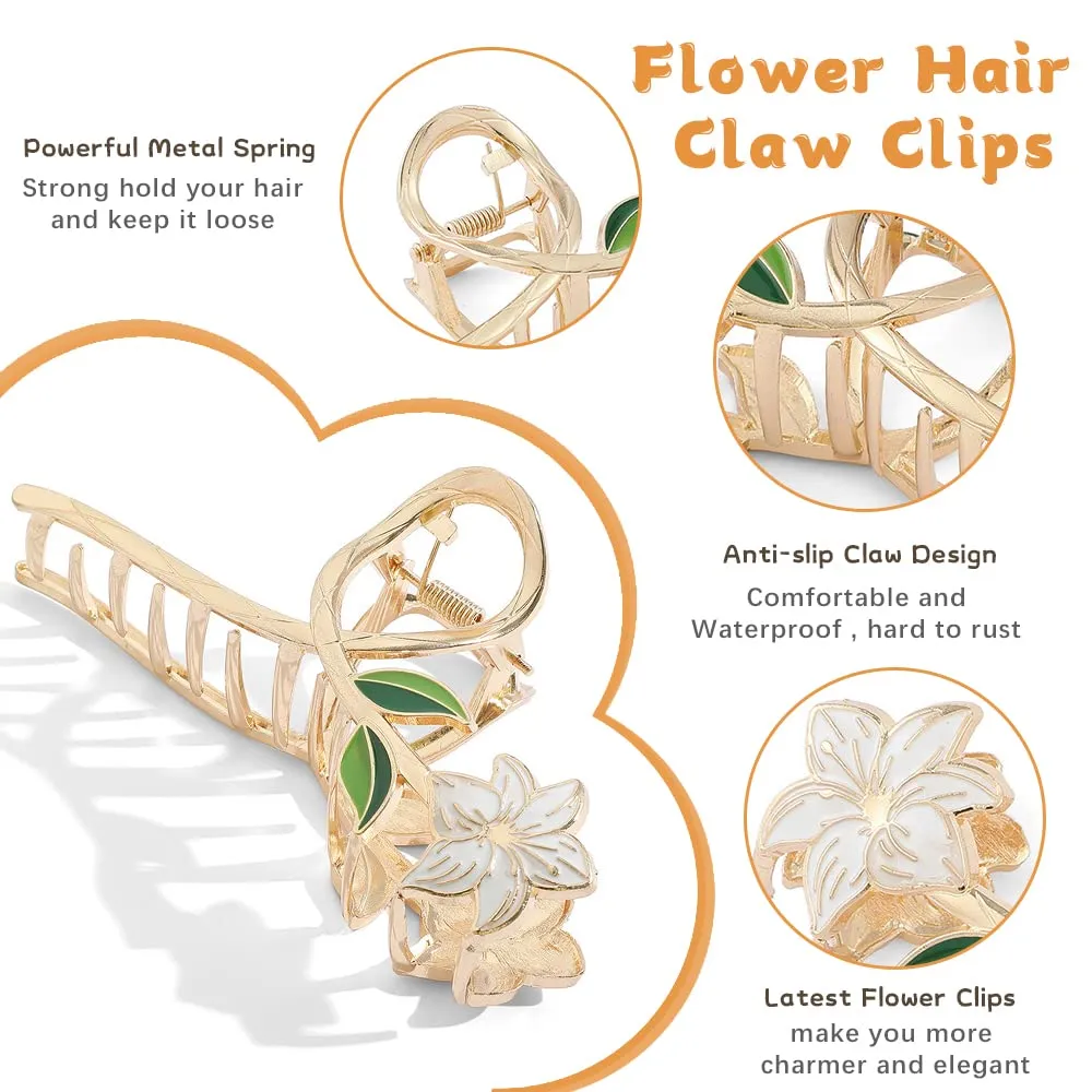 AIUPUOC Hair Clip, Flower Hair Clips for Women, Large French White Pink Hair Clip, Metal Floral Hair Accessories for Thick Hair, 2Pcs