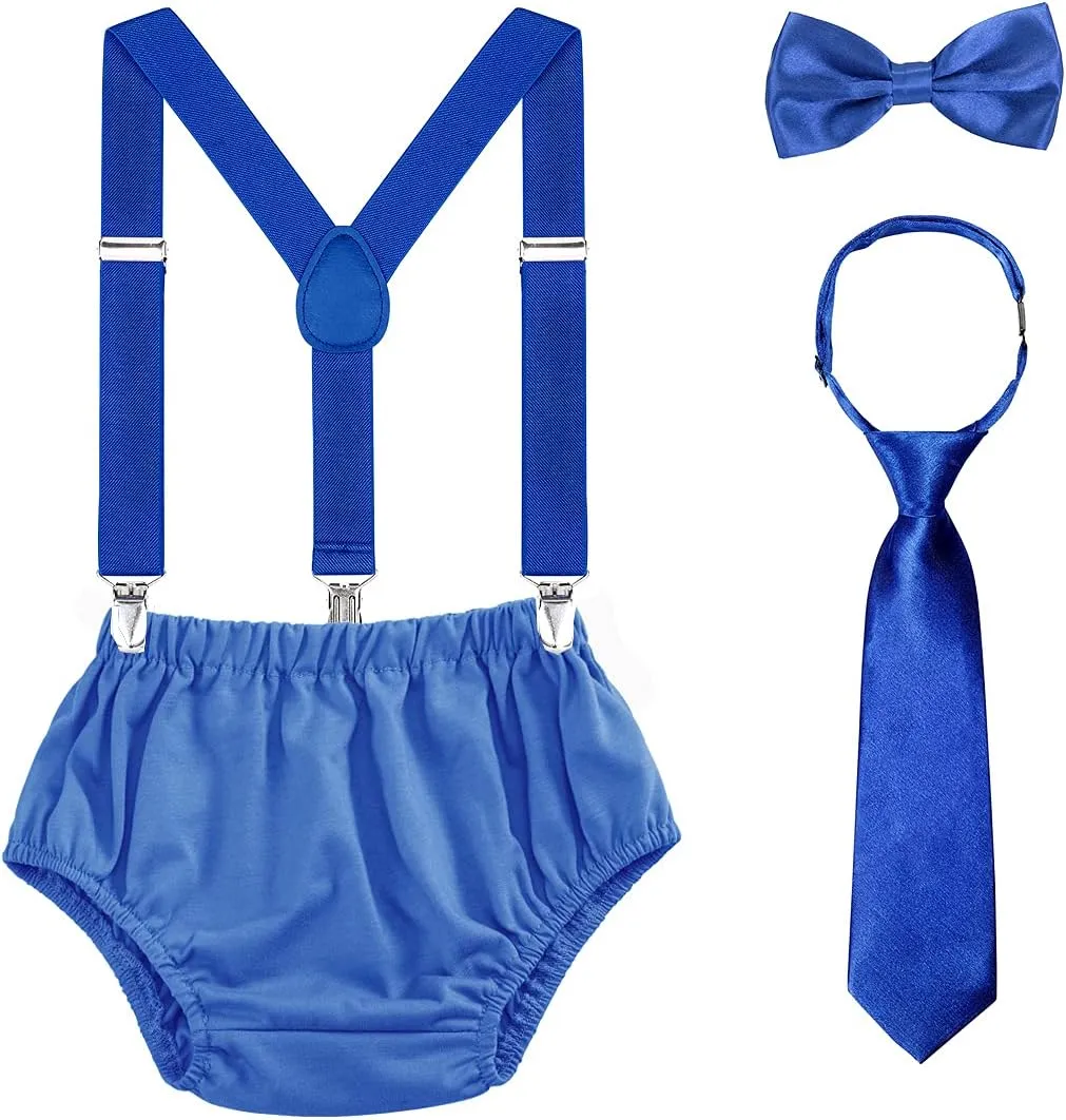 Baby Boys 1st/2nd Birthday Cake Smash Outfit Set Adjustable Suspenders Ties Bloomers for Birthday Photography