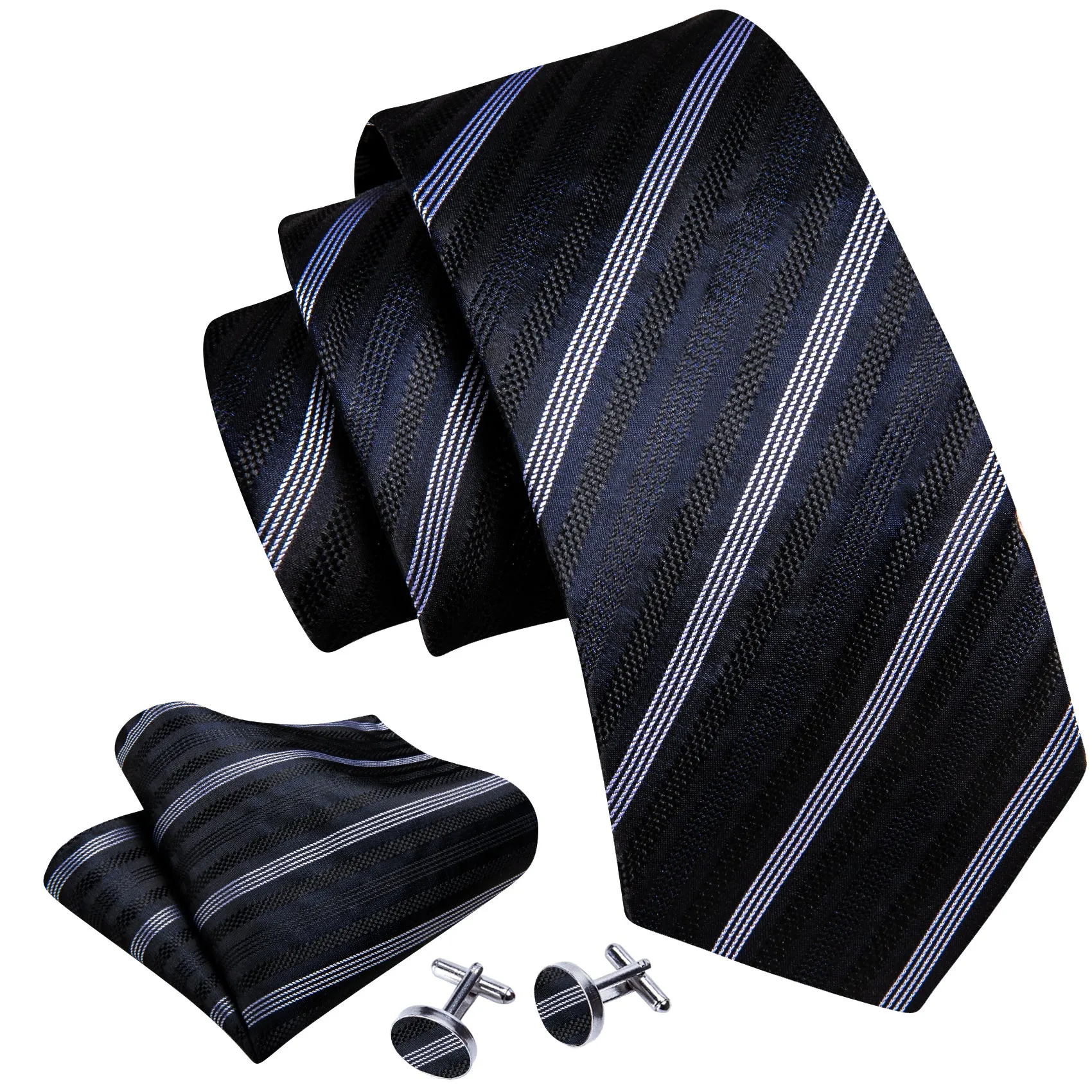Barry Wang Black Grey Striped Silk Necktie Handkerchief Cufflinks Set