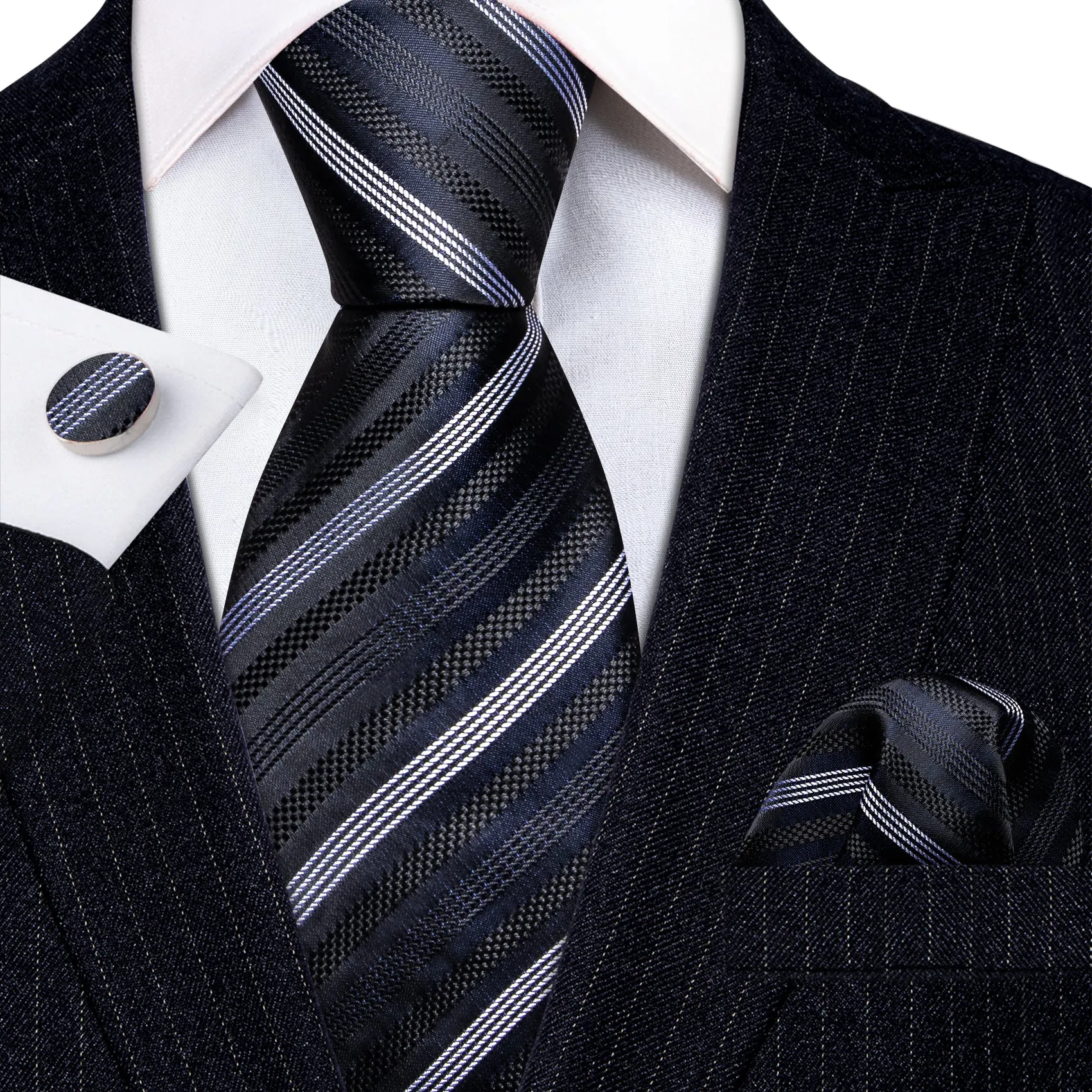 Barry Wang Black Grey Striped Silk Necktie Handkerchief Cufflinks Set