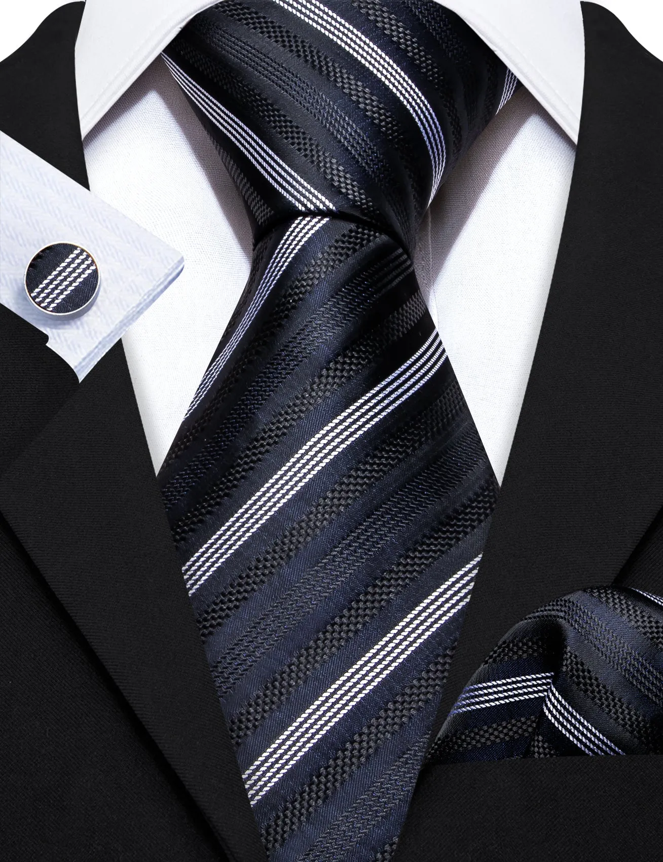 Barry Wang Black Grey Striped Silk Necktie Handkerchief Cufflinks Set