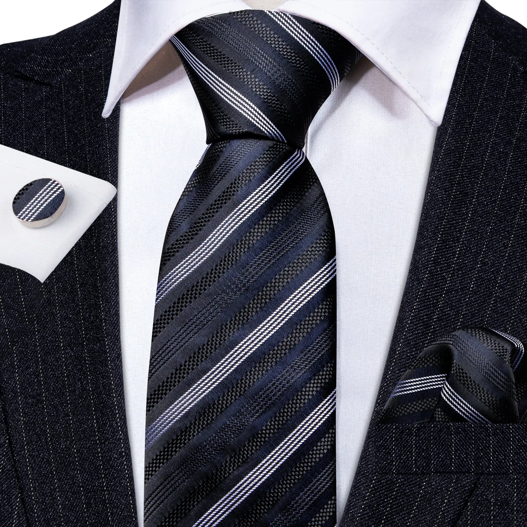 Barry Wang Black Grey Striped Silk Necktie Handkerchief Cufflinks Set