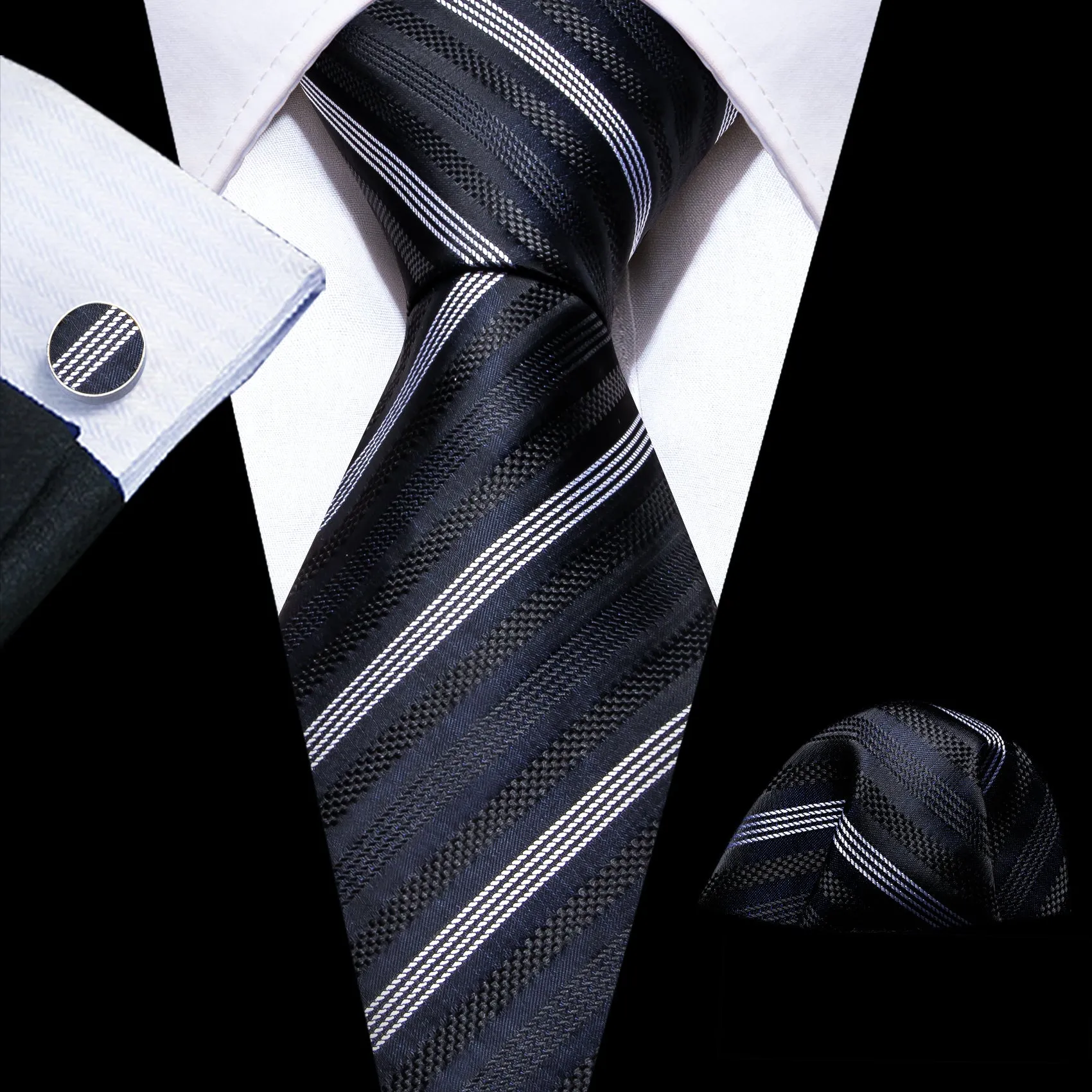 Barry Wang Black Grey Striped Silk Necktie Handkerchief Cufflinks Set