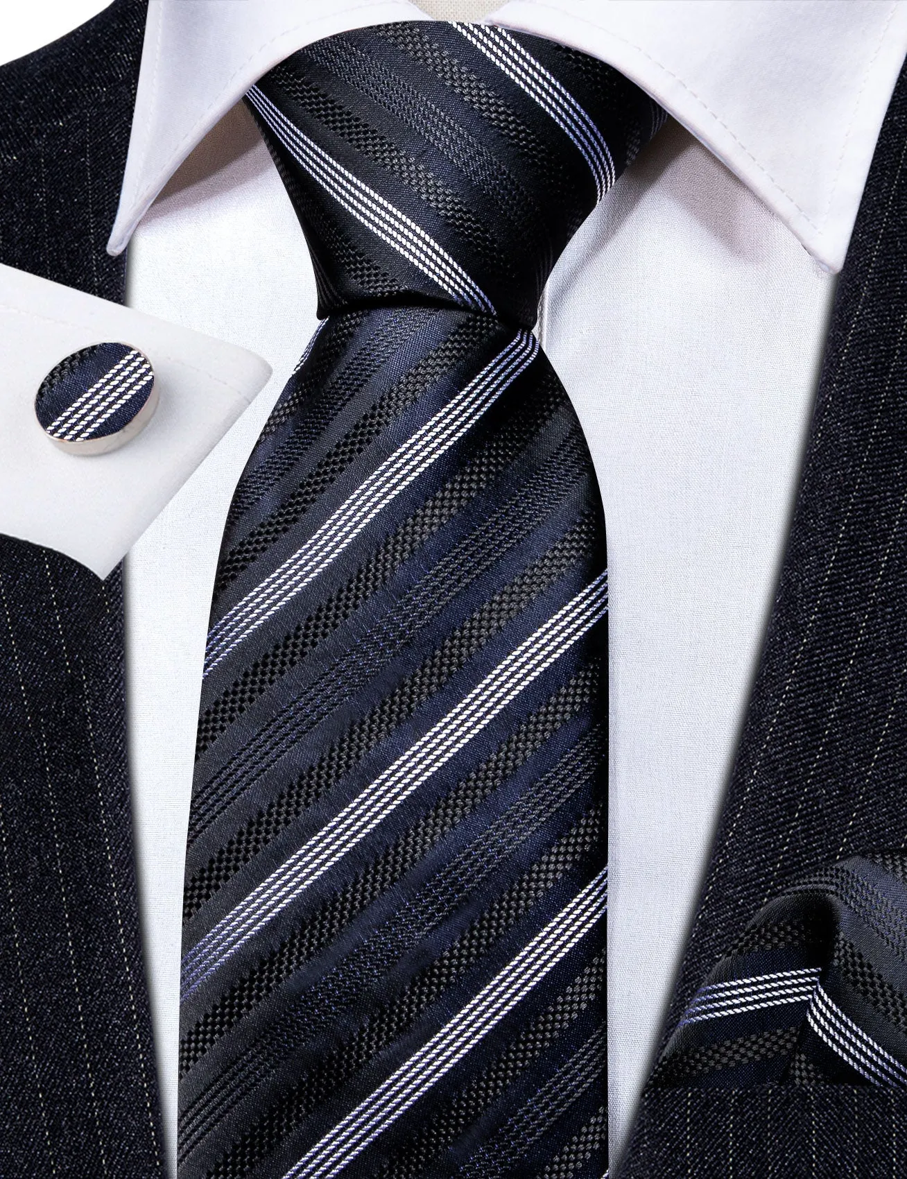 Barry Wang Black Grey Striped Silk Necktie Handkerchief Cufflinks Set