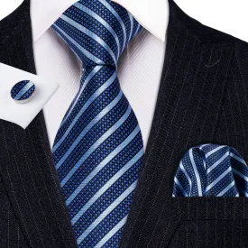 Barry Wang Blue striped Silk Men's Tie Pocket Square Cufflinks Set