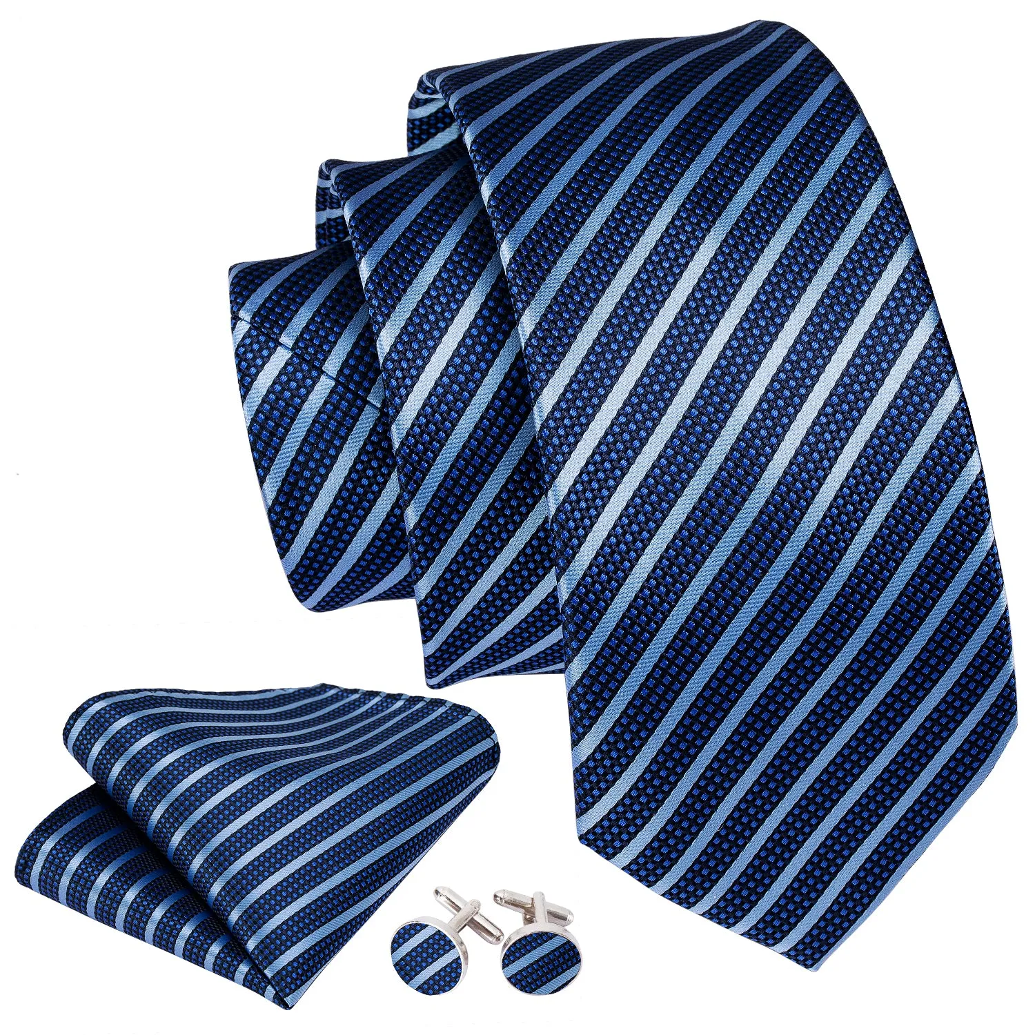 Barry Wang Blue striped Silk Men's Tie Pocket Square Cufflinks Set