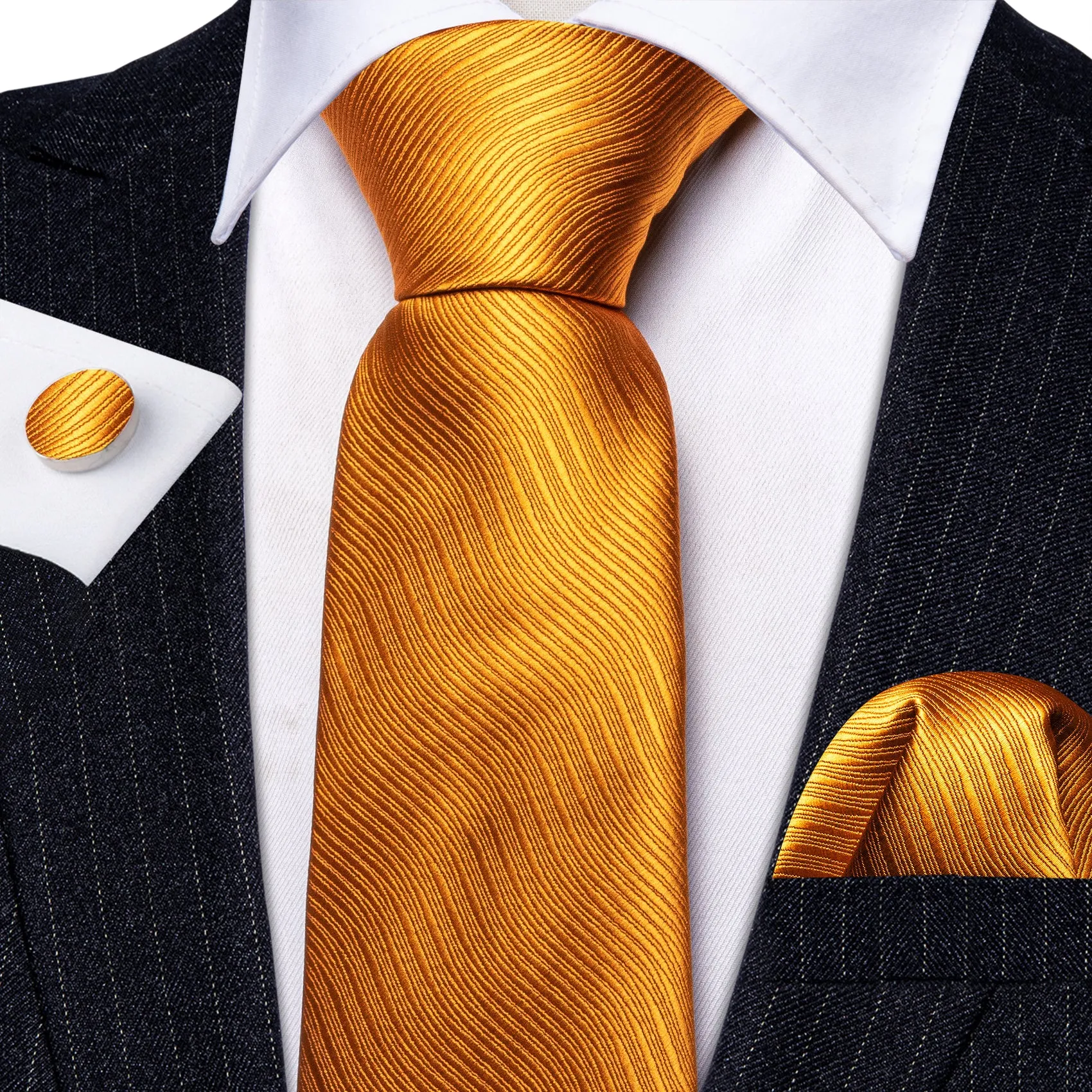 Barry Wang Bright Orange Solid Silk Men Tie Handkerchief Cufflinks Set
