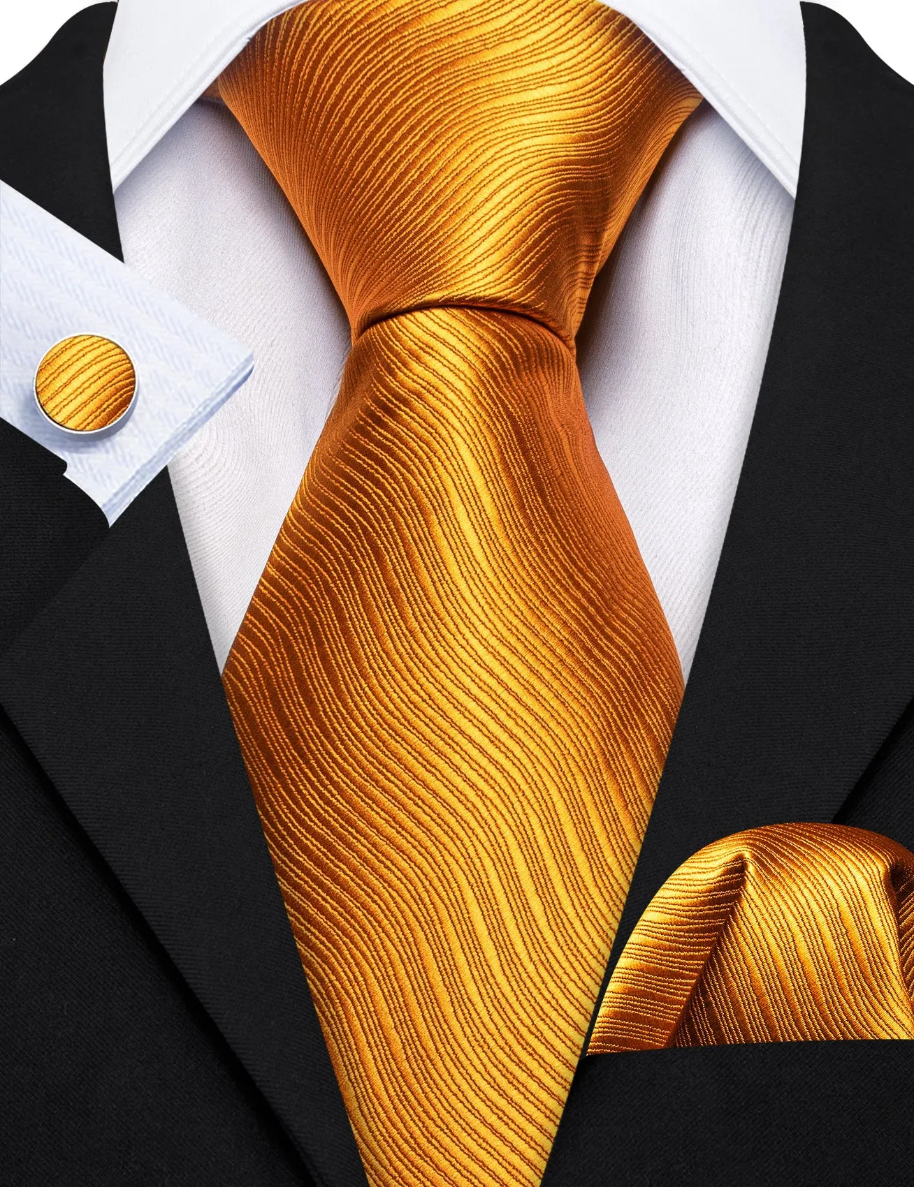 Barry Wang Bright Orange Solid Silk Men Tie Handkerchief Cufflinks Set