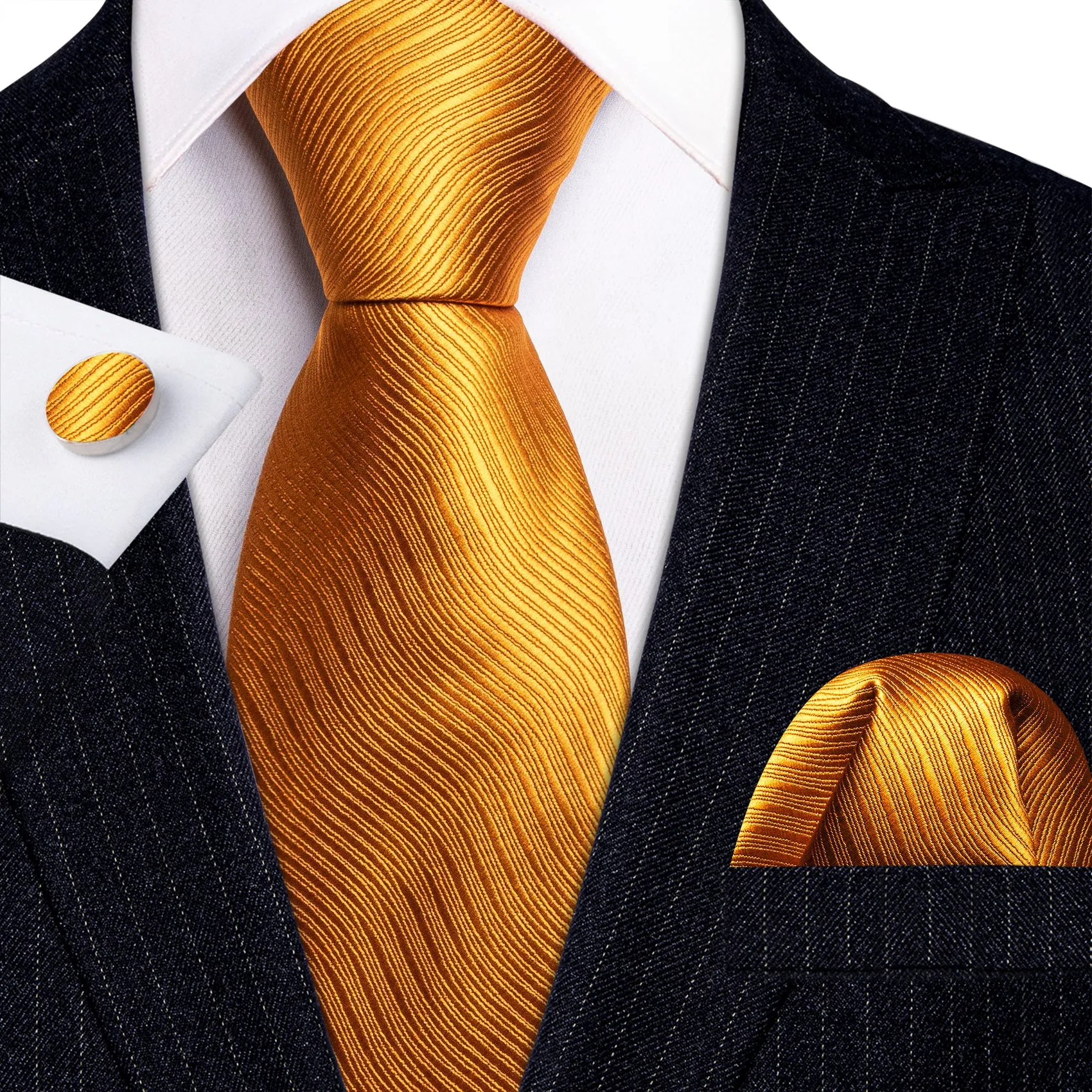 Barry Wang Bright Orange Solid Silk Men Tie Handkerchief Cufflinks Set