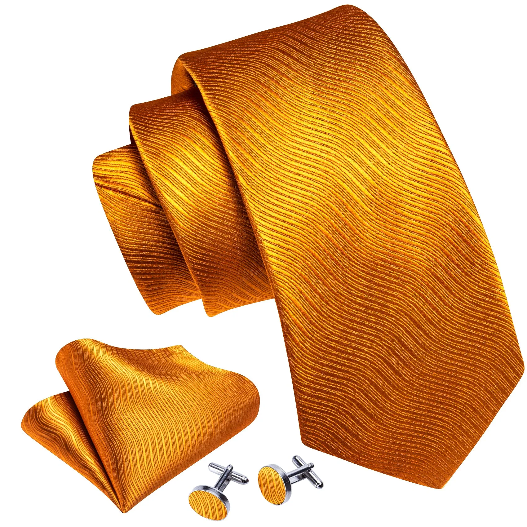 Barry Wang Bright Orange Solid Silk Men Tie Handkerchief Cufflinks Set
