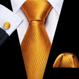 Barry Wang Bright Orange Solid Silk Men Tie Handkerchief Cufflinks Set