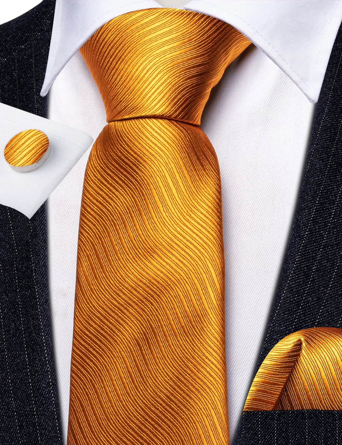 Barry Wang Bright Orange Solid Silk Men Tie Handkerchief Cufflinks Set