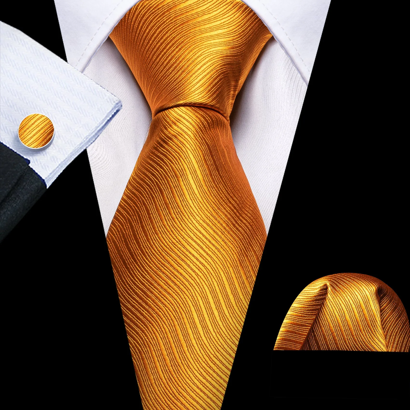 Barry Wang Bright Orange Solid Silk Men Tie Handkerchief Cufflinks Set