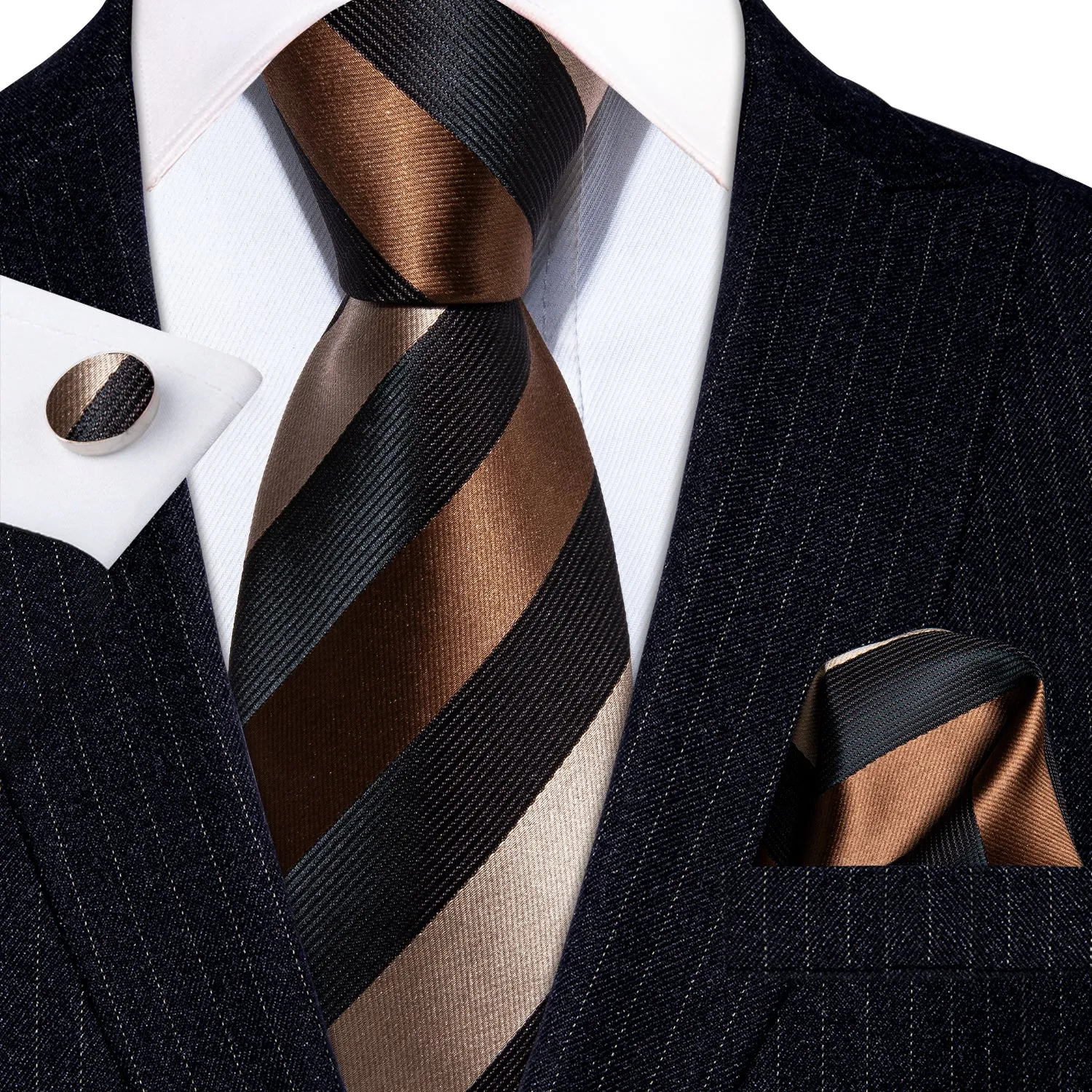Barry Wang Brown Black Stripe Silk Men Tie Pocket Square Cufflinks Set