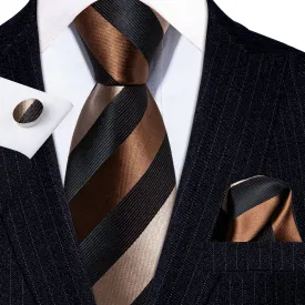 Barry Wang Brown Black Stripe Silk Men Tie Pocket Square Cufflinks Set