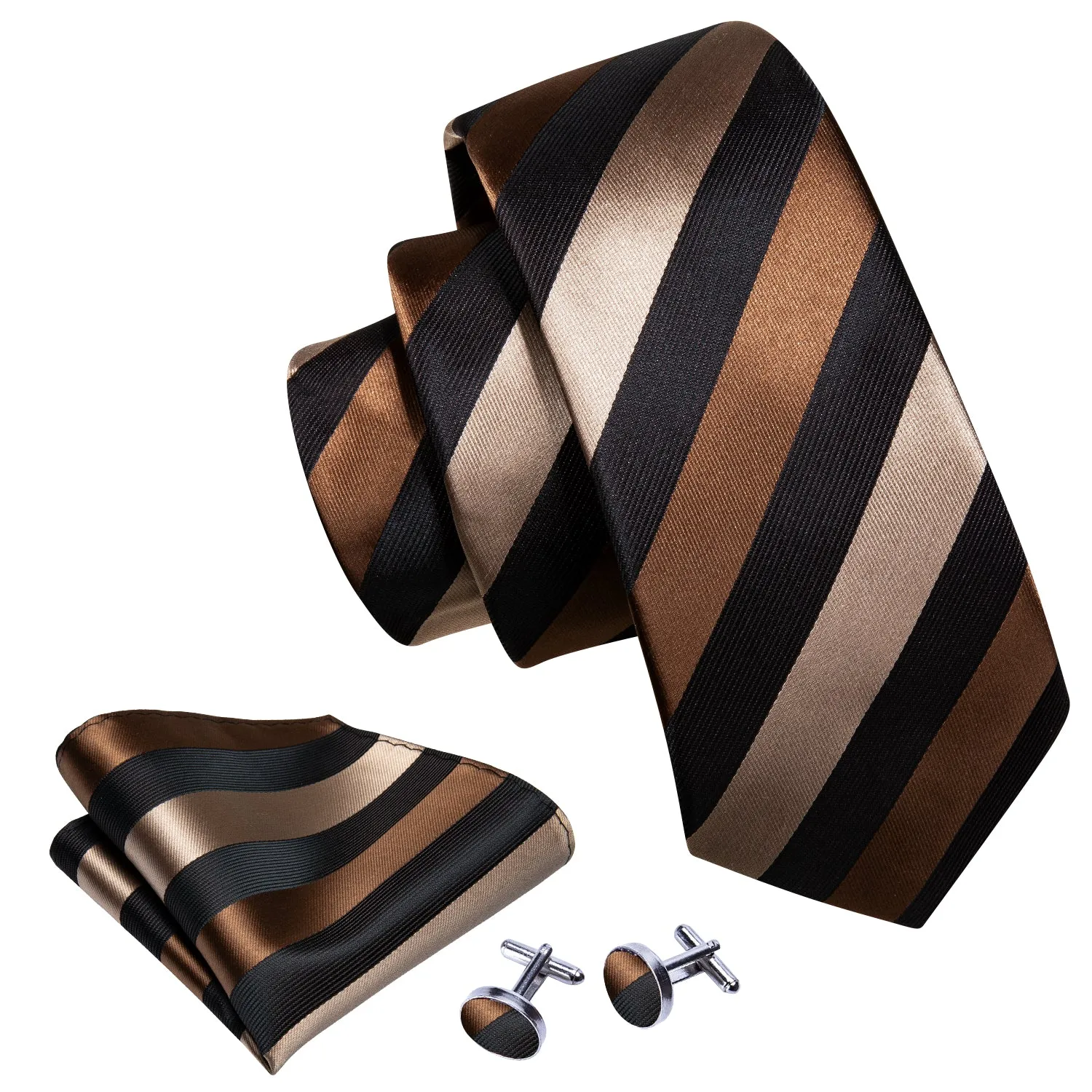 Barry Wang Brown Black Stripe Silk Men Tie Pocket Square Cufflinks Set
