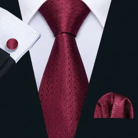 Barry Wang Burgundy Tie Wine Solid Men's Necktie Hanky Cufflinks Set