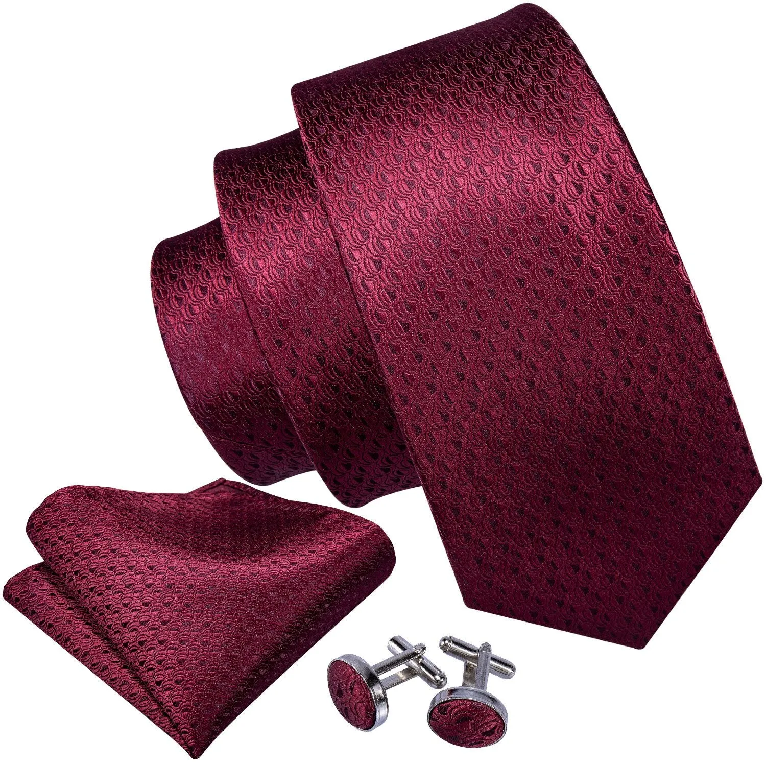 Barry Wang Burgundy Tie Wine Solid Men's Necktie Hanky Cufflinks Set