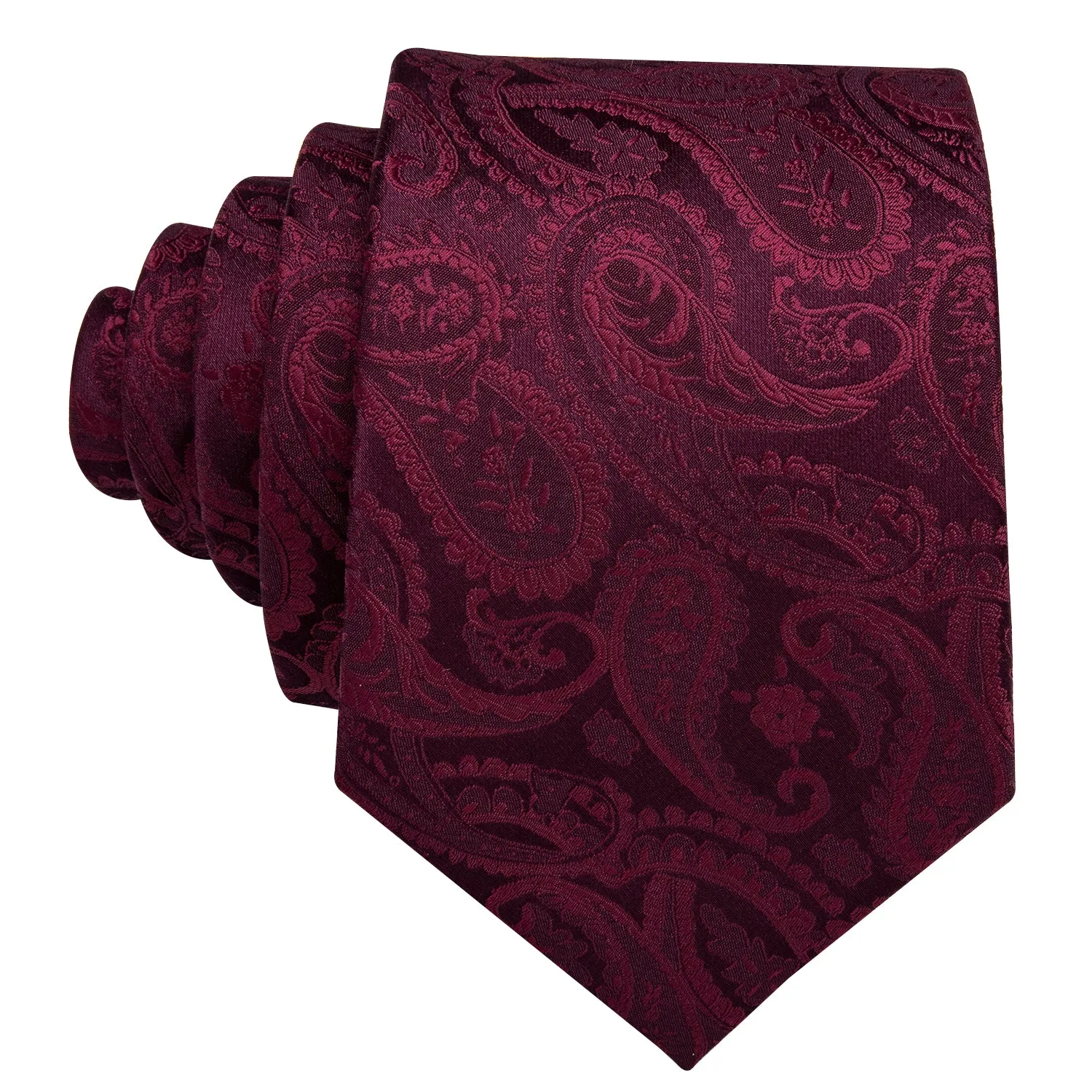 Barry Wang Burgundy Wine Paisley Neck Tie Pocket Square Cufflinks Set