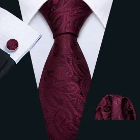 Barry Wang Burgundy Wine Paisley Neck Tie Pocket Square Cufflinks Set