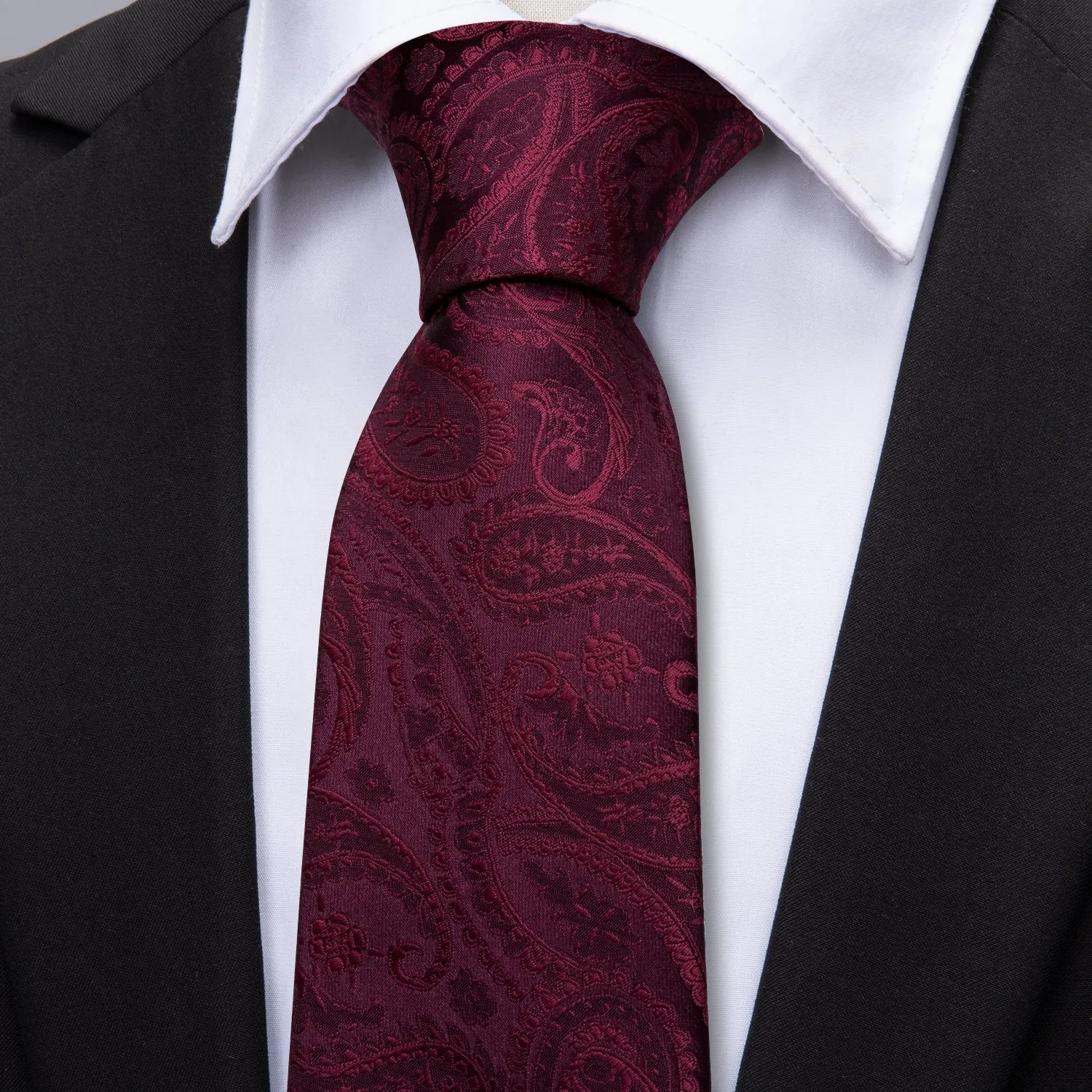 Barry Wang Burgundy Wine Paisley Neck Tie Pocket Square Cufflinks Set
