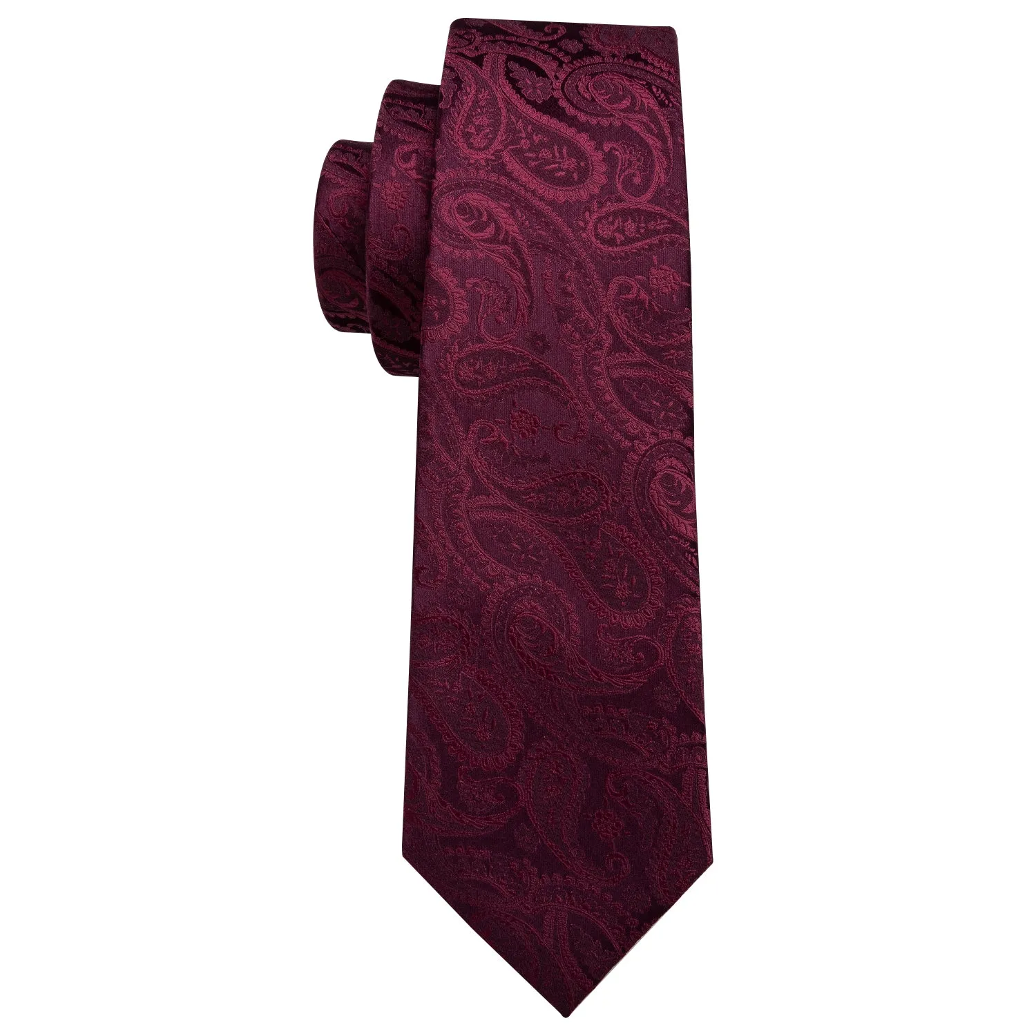 Barry Wang Burgundy Wine Paisley Neck Tie Pocket Square Cufflinks Set