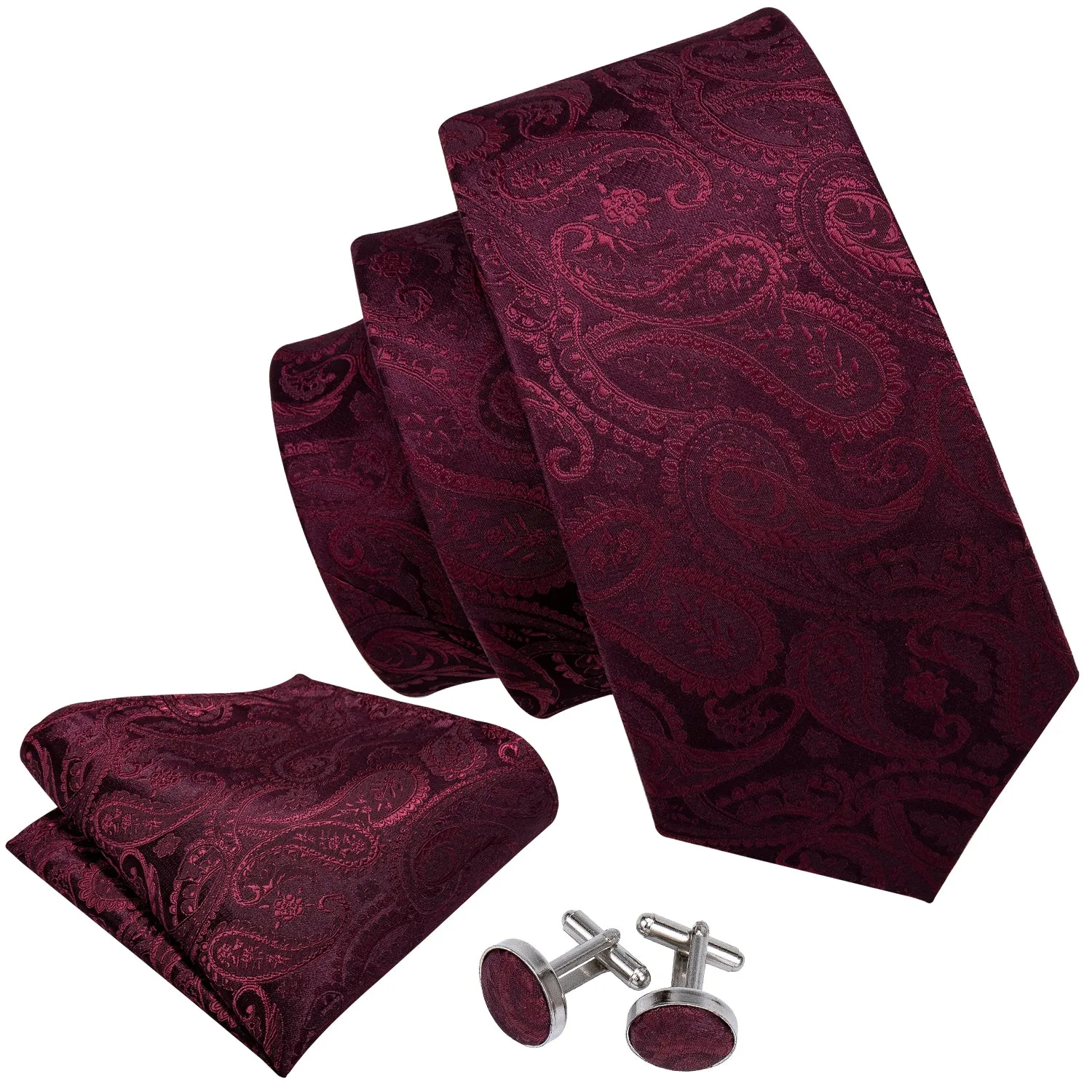 Barry Wang Burgundy Wine Paisley Neck Tie Pocket Square Cufflinks Set