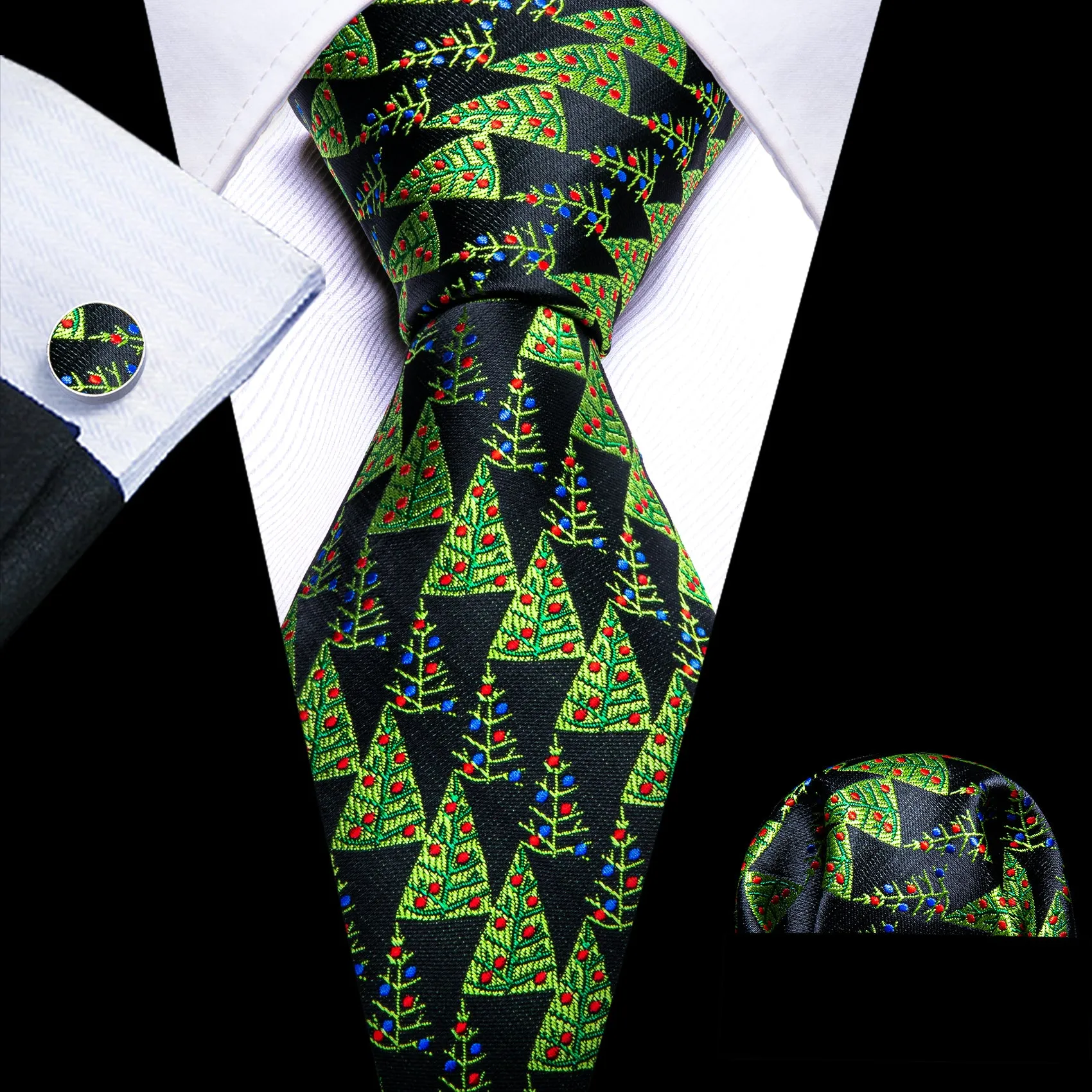 Barry Wang Christmas Black Green Tree Tie Handkerchief Cufflinks Set