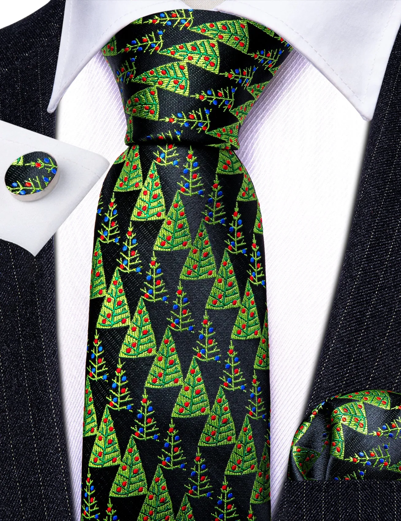 Barry Wang Christmas Black Green Tree Tie Handkerchief Cufflinks Set