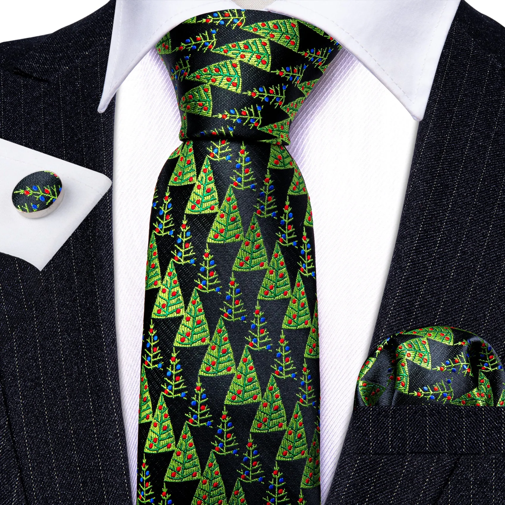 Barry Wang Christmas Black Green Tree Tie Handkerchief Cufflinks Set