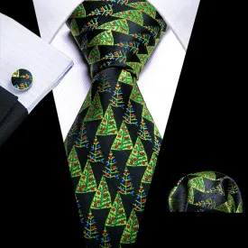 Barry Wang Christmas Black Green Tree Tie Handkerchief Cufflinks Set