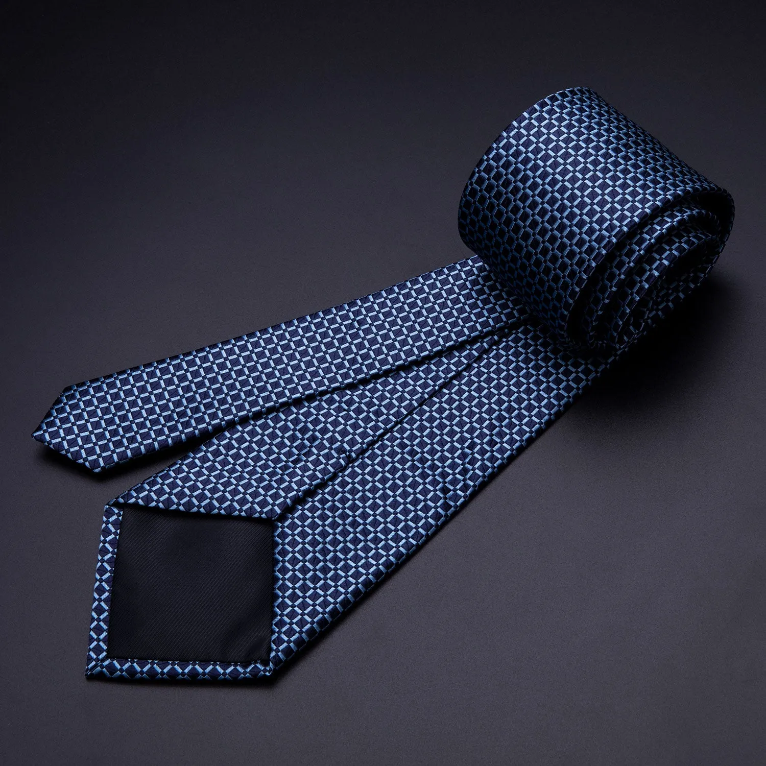 Barry Wang Dark Blue Plaid Office Men Tie Pocket Square Cufflinks Set