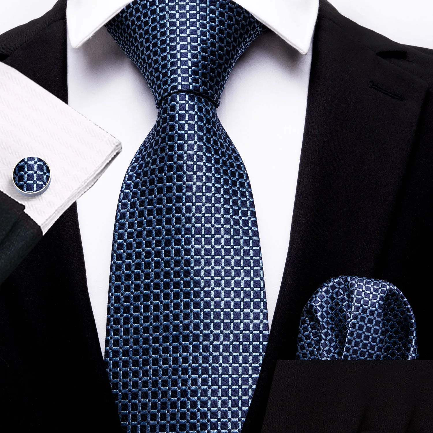 Barry Wang Dark Blue Plaid Office Men Tie Pocket Square Cufflinks Set