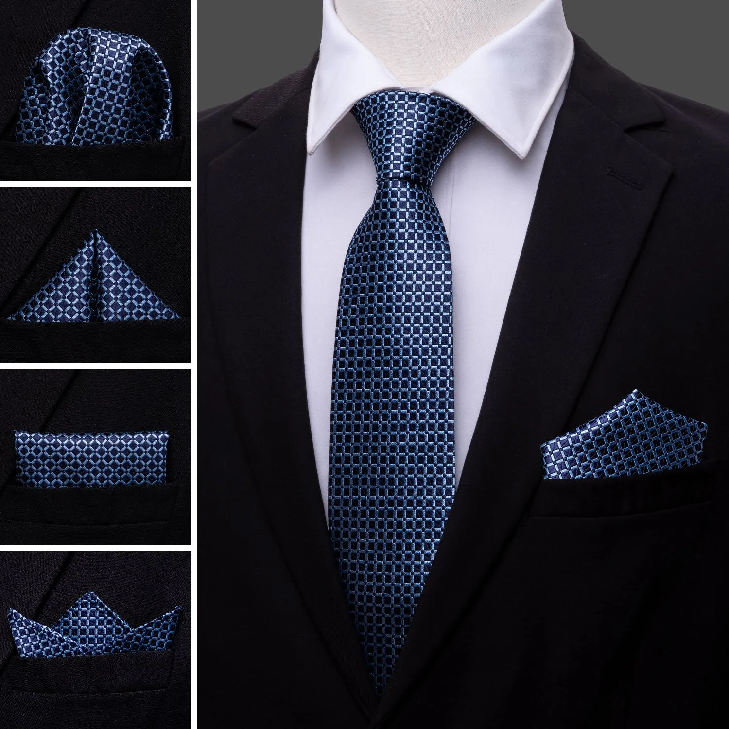 Barry Wang Dark Blue Plaid Office Men Tie Pocket Square Cufflinks Set