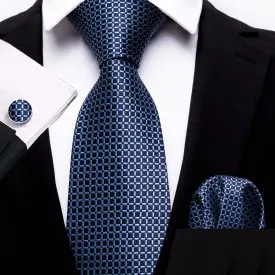 Barry Wang Dark Blue Plaid Office Men Tie Pocket Square Cufflinks Set
