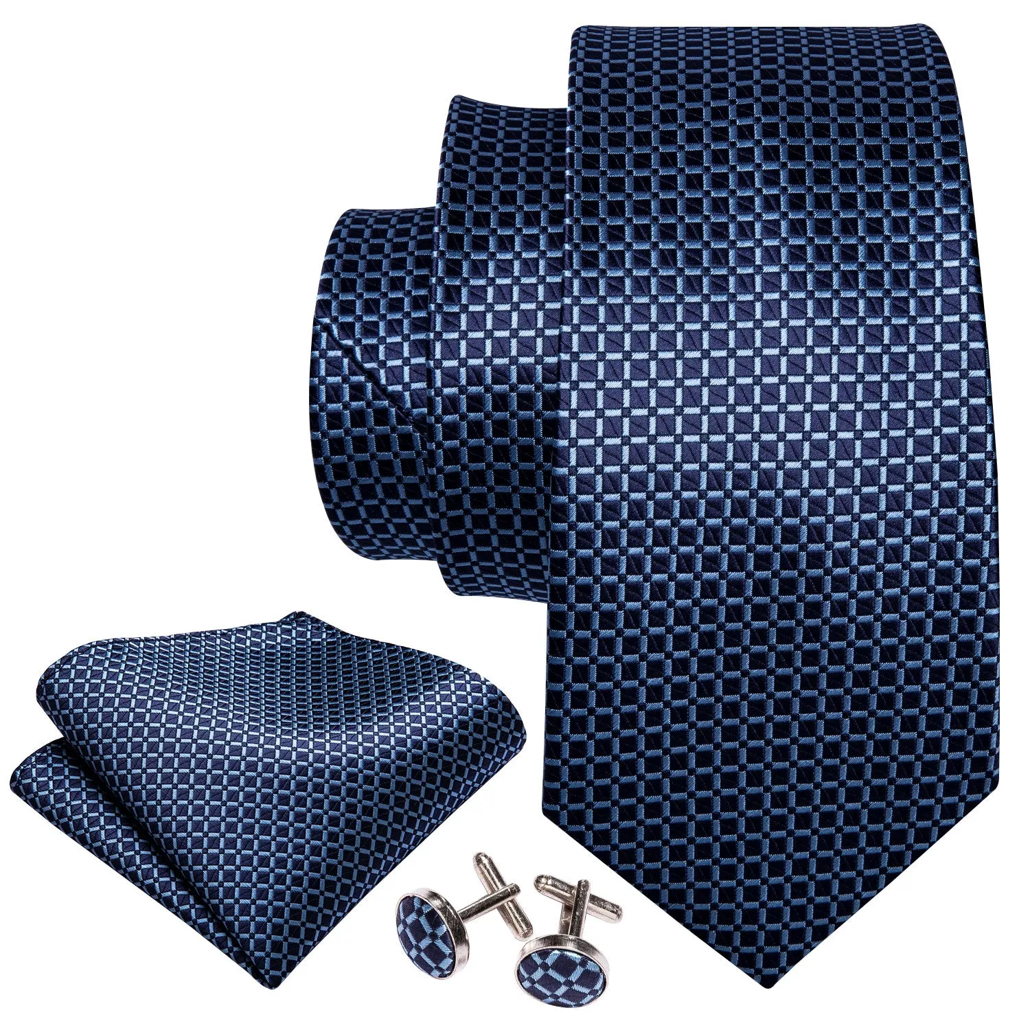 Barry Wang Dark Blue Plaid Office Men Tie Pocket Square Cufflinks Set