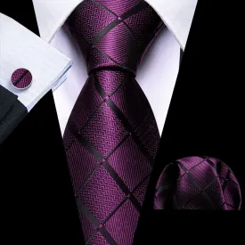 Barry Wang Dark Purple Tie Black Checkered Men's Wedding Necktie Set