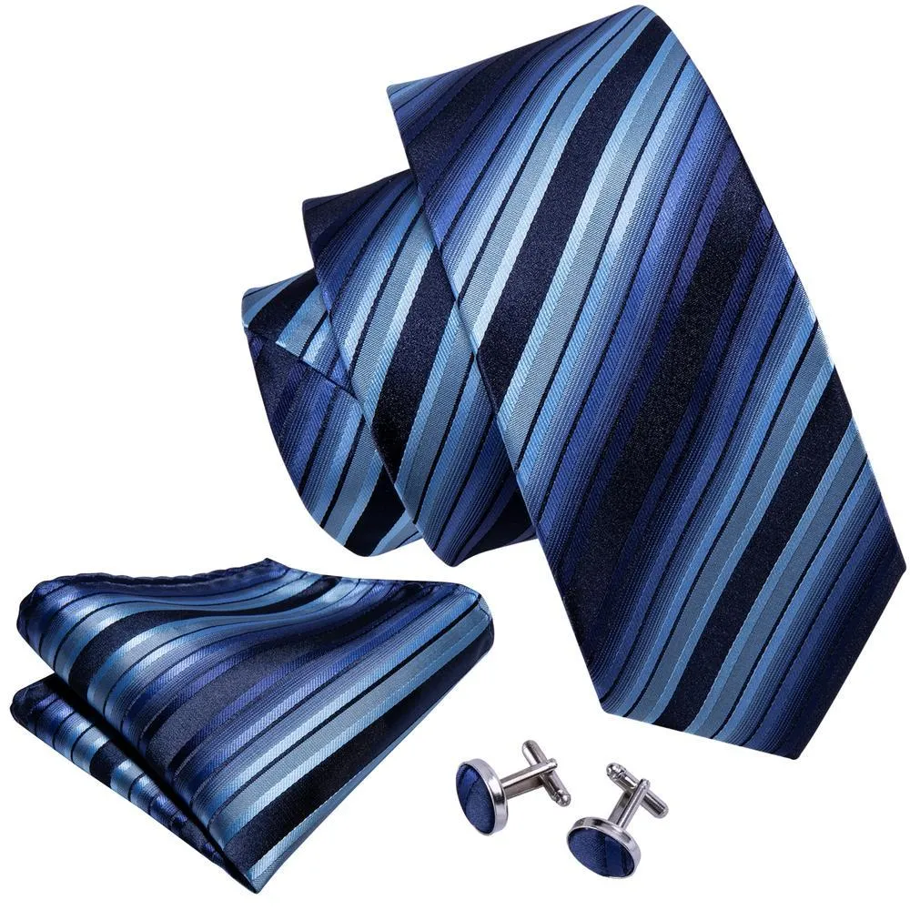Barry Wang Fashion Blue Black Striped Men's Tie Hanky Cufflinks Set