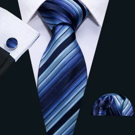 Barry Wang Fashion Blue Black Striped Men's Tie Hanky Cufflinks Set