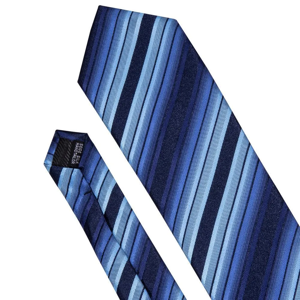 Barry Wang Fashion Blue Black Striped Men's Tie Hanky Cufflinks Set
