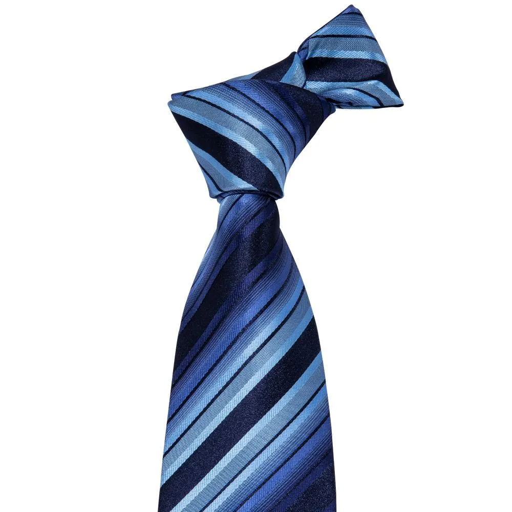 Barry Wang Fashion Blue Black Striped Men's Tie Hanky Cufflinks Set