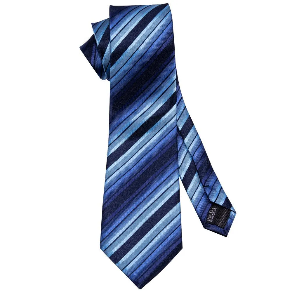 Barry Wang Fashion Blue Black Striped Men's Tie Hanky Cufflinks Set