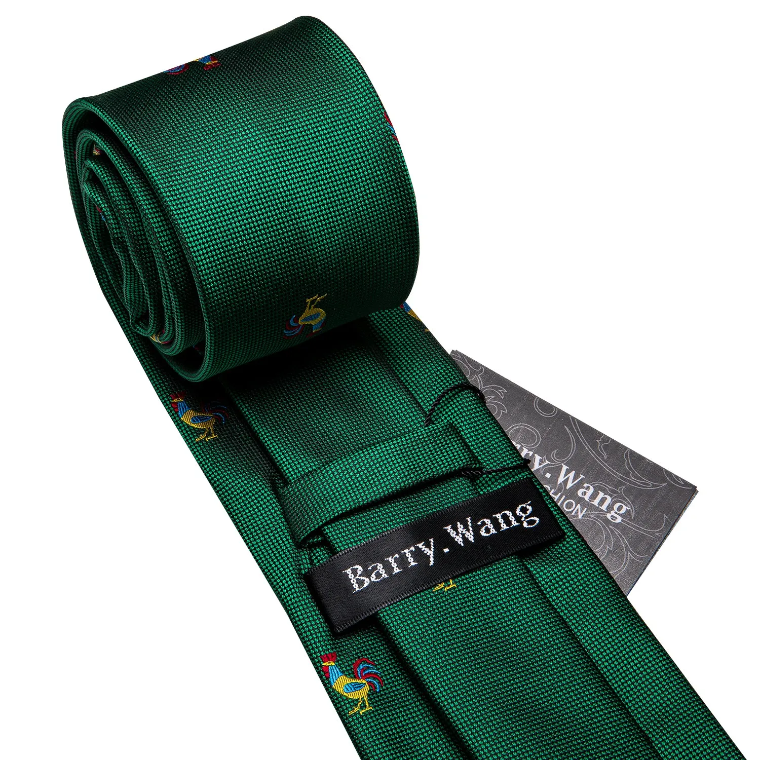 Barry Wang Green Tie Novelty Rooster Pattern Necktie Hanky Cufflinks Set