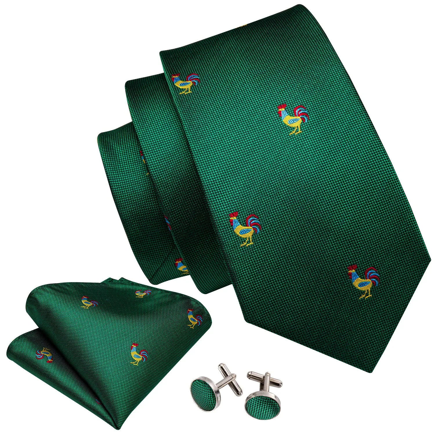 Barry Wang Green Tie Novelty Rooster Pattern Necktie Hanky Cufflinks Set