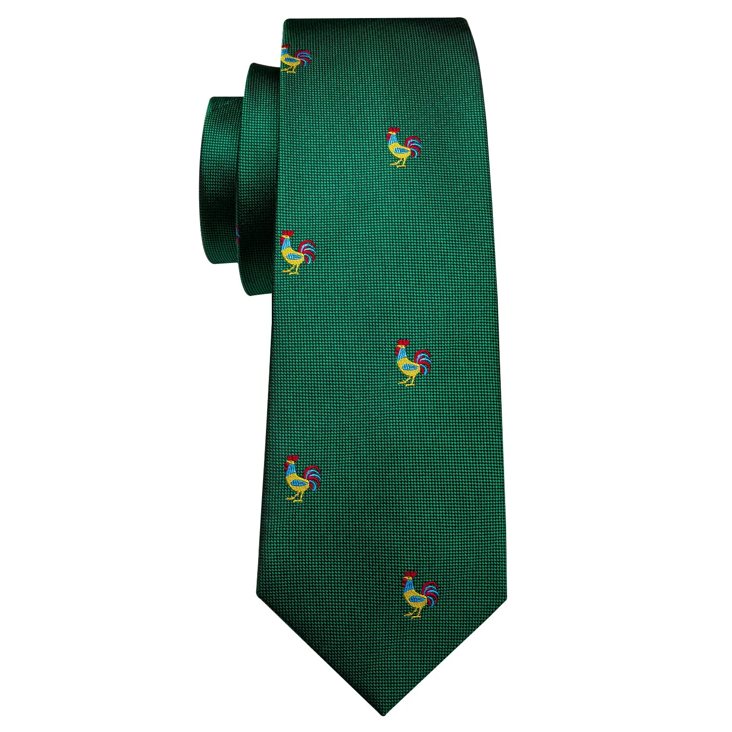 Barry Wang Green Tie Novelty Rooster Pattern Necktie Hanky Cufflinks Set